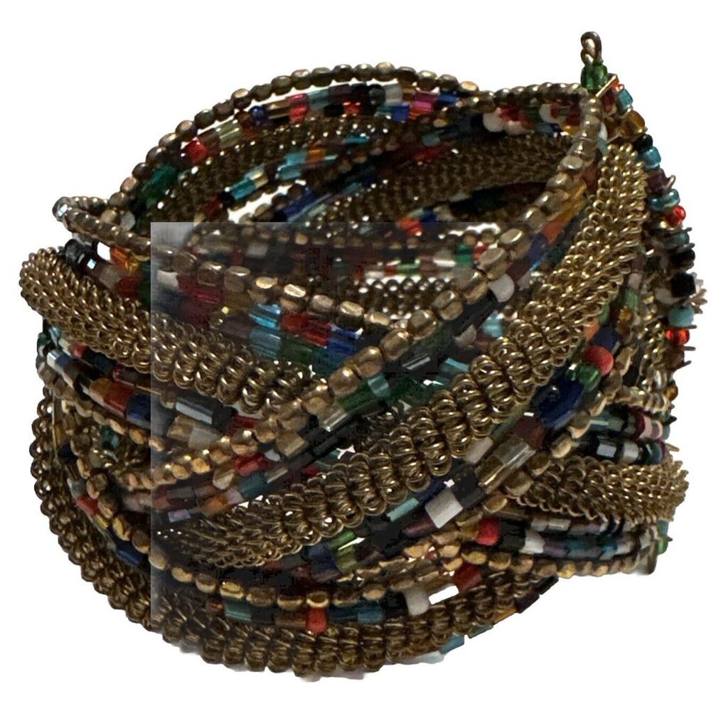 Beaded Statement Cuff Arm Wrap Bracelet Boho Braided Antiqued Gold Tube